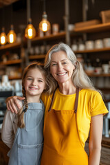 Wall Mural - Caucasian mother and daughter hugging each other in a coffee shop.