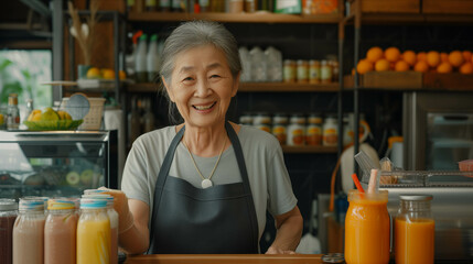 Wall Mural - Asian senior woman smiling with confidence in smoothie shop.