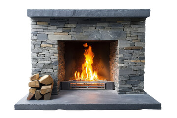 Modern, classic and stone style fireplace isolated transparent background. PNG format