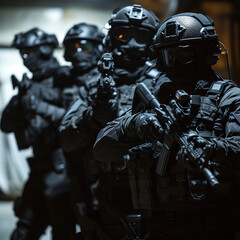 Elite police tactical unit preparing for an operation at dawn