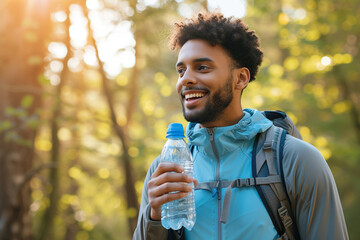 Happy sportsman taking a water break outdoors