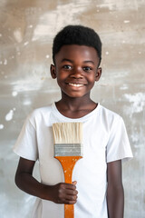 Wall Mural - Happy young African American boy confidently holding a painting brush during home renovation