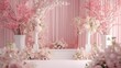 A room with pink and white flowers and a mirror