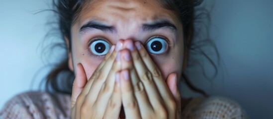 Poster - A young Hispanic woman looking scared or embarrassed, with eyes partly covered by hands, peeking or spying.