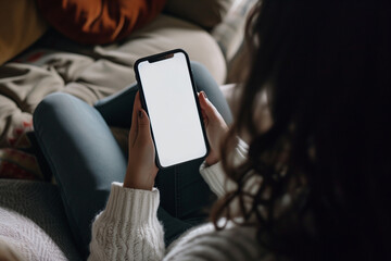 Looking over a woman's shoulder that's sitting on a couch in the evening and looking at her phone. The phone has a white screen to be able to add visuals.