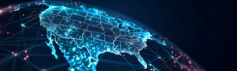 Abstract digital map of the Americas, American global network concept and connectivity, data transfer and cyber technology, information exchange and telecommunications. EE.UU.