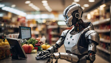 Robot Con Inteligencia Artificial Trabajando En Un Supermercado Haciendo Contabilidad 