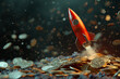 Rocket flying over money, concept of rapid earnings and income
