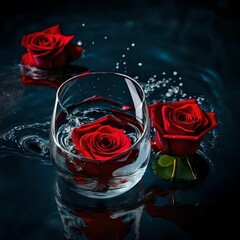 Wall Mural - red rose and glass of champagne realistic hd abstract background