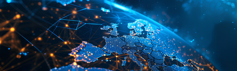 Wall Mural - Abstract digital map of Western Europe, European global network concept and connectivity, data transfer and cyber technology, information exchange and telecommunications.