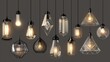 Vector isolated realistic elements of lamp lights and chandelier bulbs for interior design. These modern or vintage retro lamps hang from the ceiling, featuring home decor LED lamps made of glass