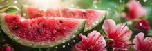 Watermelon Slices With Pink Flowers, Sunlit Dew Drops.