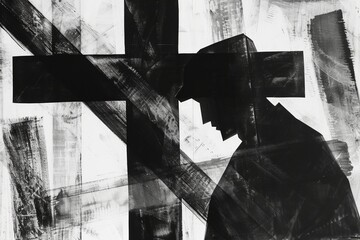 Wall Mural - Man praying in front of a cross.