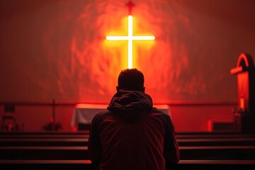 Poster - Man praying in front of a cross.