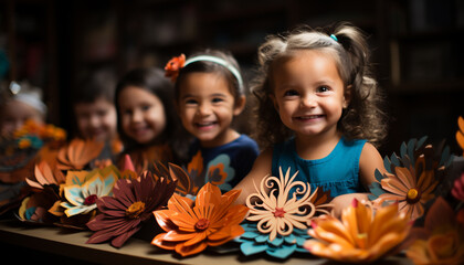 Wall Mural - Smiling girls, cheerful childhood, cute flower, joyful children playing generated by AI