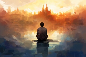 Wall Mural - Man in worship in front of cityscape, watercolor painting.