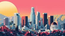 Skyscrapers And Iconic Landmarks Like The Capitol Records Building And The Griffith Observatory Rise Up In Simplified, Blocky Shapes Against The Skyline