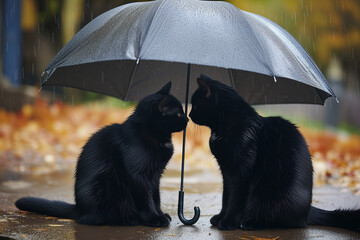 Two black cats sitting outside under a dark umbrella, it's raining. Umbrella day.