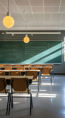 Wall Mural - Modern school classroom with seating and a green board. Back to school.