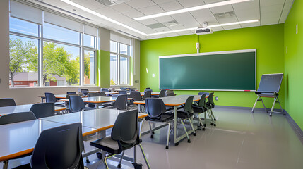 Wall Mural - Modern school classroom with seating and a green board. Back to school.