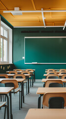 Wall Mural - Modern school classroom with seating and a green board. Back to school.