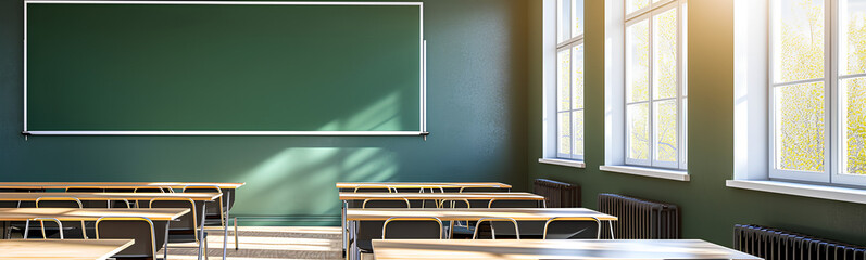 Wall Mural - Modern school classroom with seating and a green board. Back to school.