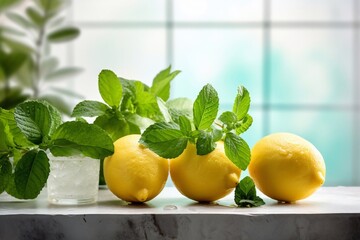 Wall Mural - On a light kitchen table lie lemons and mint on a marble board over a kitchen window background