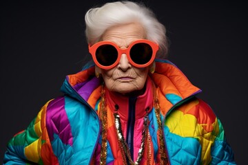 Wall Mural - Portrait of an elderly woman in a bright jacket and sunglasses.