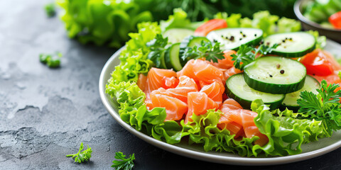 Closeup Salted salmon salad with fresh green lettuce and slices of cucumbers served in a plate. Protein healthy fish salad at a restaurant.