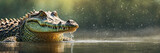 Fototapeta  - Large crocodile in water. Panoramic banner with copy space