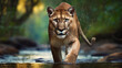 cougar, mountain lion walking towards the camera in river. Panther, puma in shallow water stream low angle image