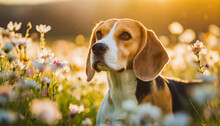 Beagle Dog In A Blossoming Flower Meadow, Close-up