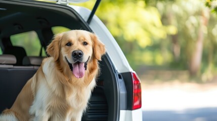 Wall Mural - Happy golden retriever sitting in the trunk of a white car.