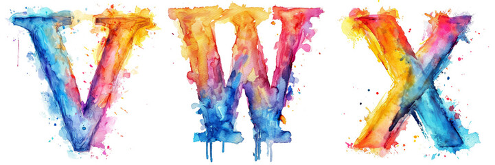 Wall Mural - Watercolor Letters V W X Set Isolated on Transparent or White Background, PNG
