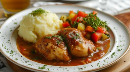 Wall Mural - Food photography of slow-Cooked Chicken Achiote With Mashed Potatoes & Vegetables