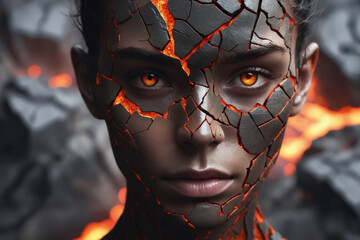 Wall Mural - A close up of a person's face with a cracked surface, made of lava