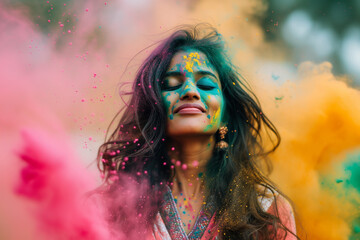 Wall Mural - Photo young indian woman enjoying with holi colors