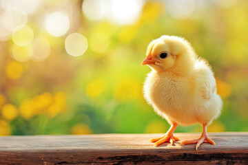 Wall Mural - A small yellow chick stands on a wooden surface with a warm, blurred yellow and green background.