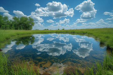 Wall Mural - a serene pond reflecting a cloud-strewn sky, highlighting the delicate balance between water and atm