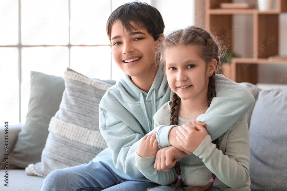 Little boy hugging his sister at home