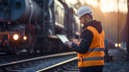 Inspector of wagons at freight train station looks in tablet computer. american railway man with tablet computer at freight train terminal