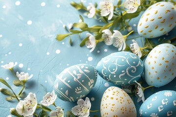 Happy easter template with blue, white rustic floral eggs, dotted background