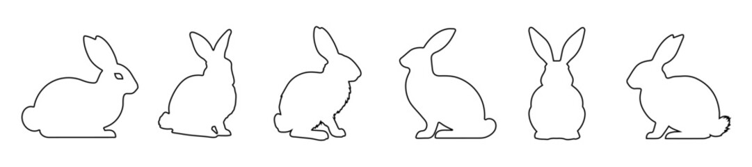 Wall Mural - Collection of rabbits in outline. Easter bunnies. Isolated on a white background. A simple black icons of hares. Cute animals. Perfect for logo, emblem, pictogram, print, design element for greeting