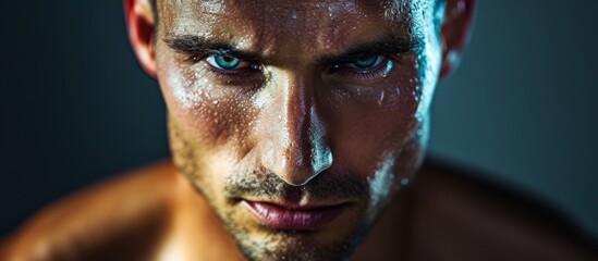 Wall Mural - The male athlete gazes with intense, powerful eyes, showing conviction and confidence.