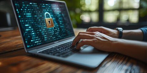 Leinwandbilder - Digital Guardian: A Man Holds a Cybersecurity Lock Symbolizing Data Protection and Information Safety in the Digital World, Generative AI