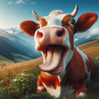 Laughing cow, with mouth open and tongue sticking out, in the mountains on green fresh meadow