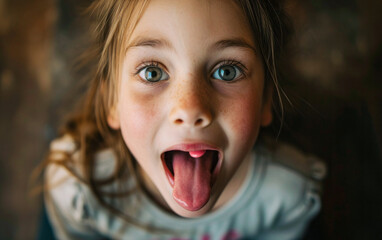 Close-up portrait of little adorable funny girl with pill on tongue at home, taking medicine, taking vitamins. The concept of health care