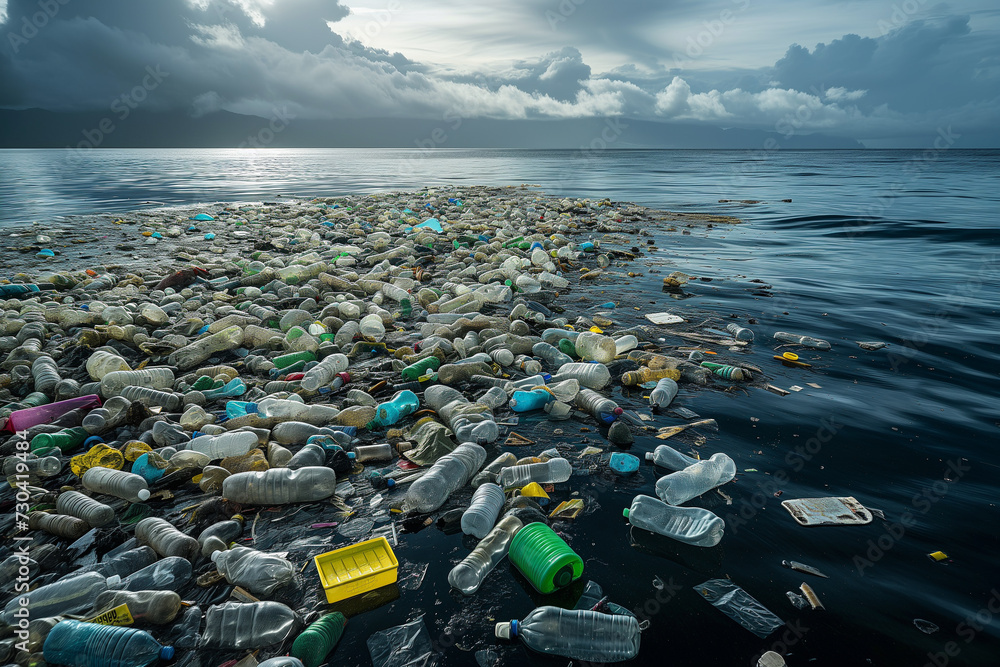 Tons of plastic waste covering the ocean surface. A massive ocean ...