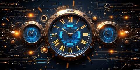 Leinwandbilder - Chronometric Precision: A Futuristic Digital Clock Integrated with Glowing Neon Circuitry, Symbolizing the Intersection of Time and Technology, Generative AI