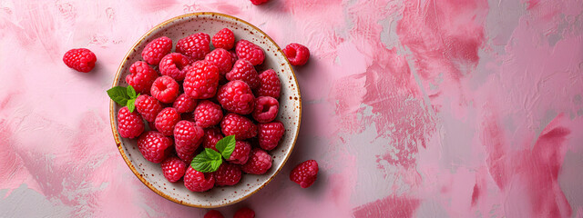 Raspberries on a ceramic plate with mint garnish. Nutritious snack and fresh fruit concept for design and print. Wide angle flat lay composition with place for text